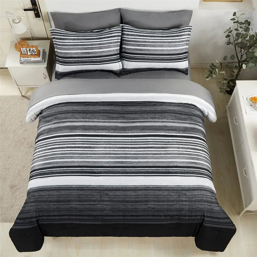 7 Piece Bed in a Bag Stripe Comforter Set Full Size, White Grey Black Patchwork Striped Comforter and Sheet Set, All Season Soft