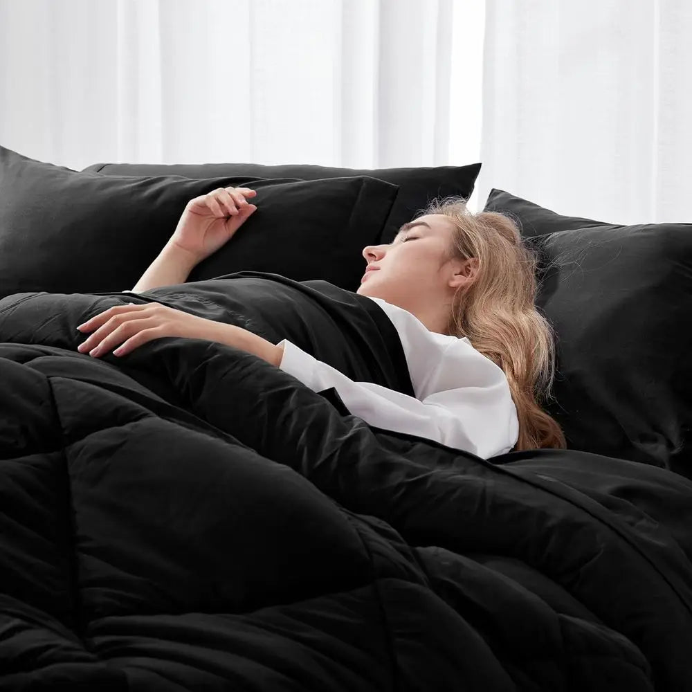 All-Season Queen Bedding Set: 8-Piece Black Comforter with Sheets, Pillowcases, and Bed Skirt