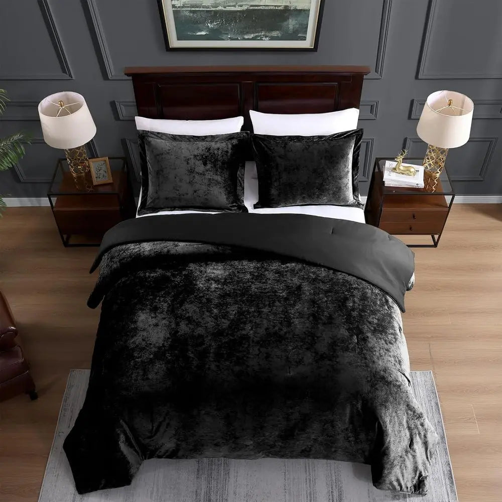 Elegant Black Velvet Queen Comforter Set - 3pc Luxury Bedding with 1 Comforter & 2 Shams