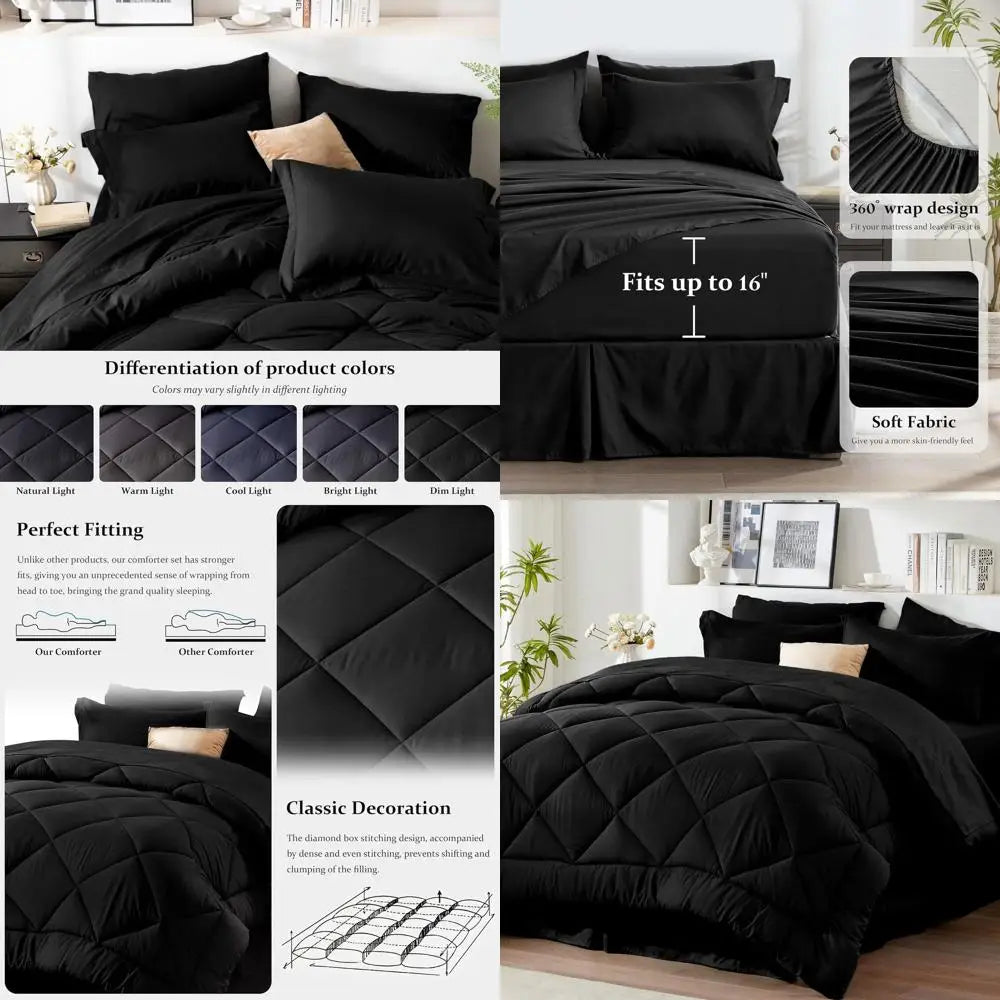 All-Season Queen Bedding Set: 8-Piece Black Comforter with Sheets, Pillowcases, and Bed Skirt