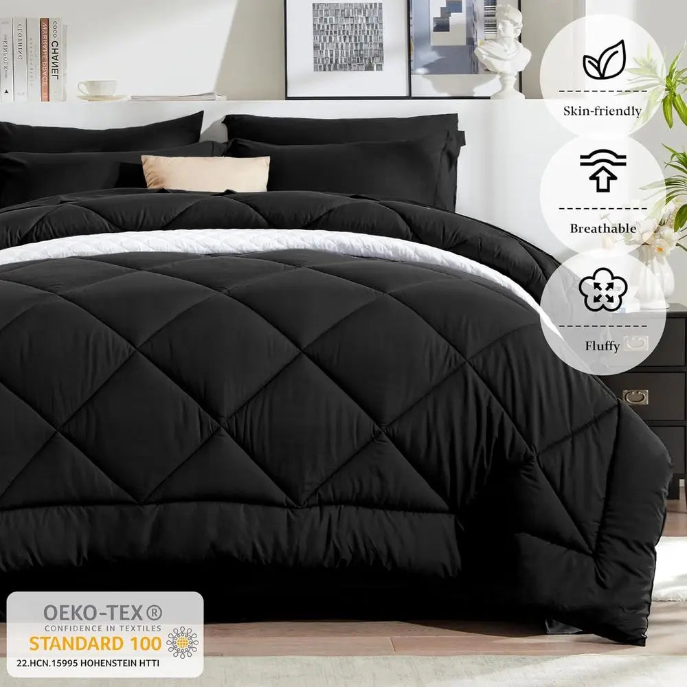 All-Season Queen Bedding Set: 8-Piece Black Comforter with Sheets, Pillowcases, and Bed Skirt