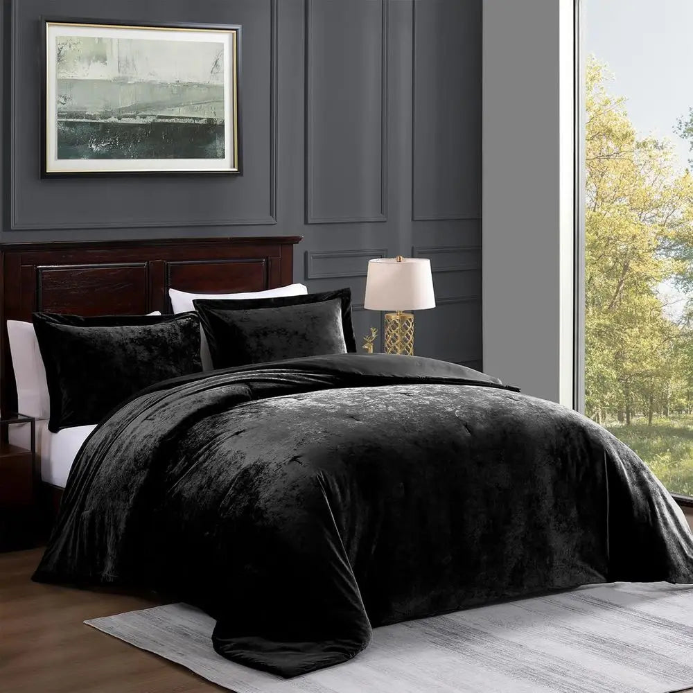 Elegant Black Velvet Queen Comforter Set - 3pc Luxury Bedding with 1 Comforter & 2 Shams
