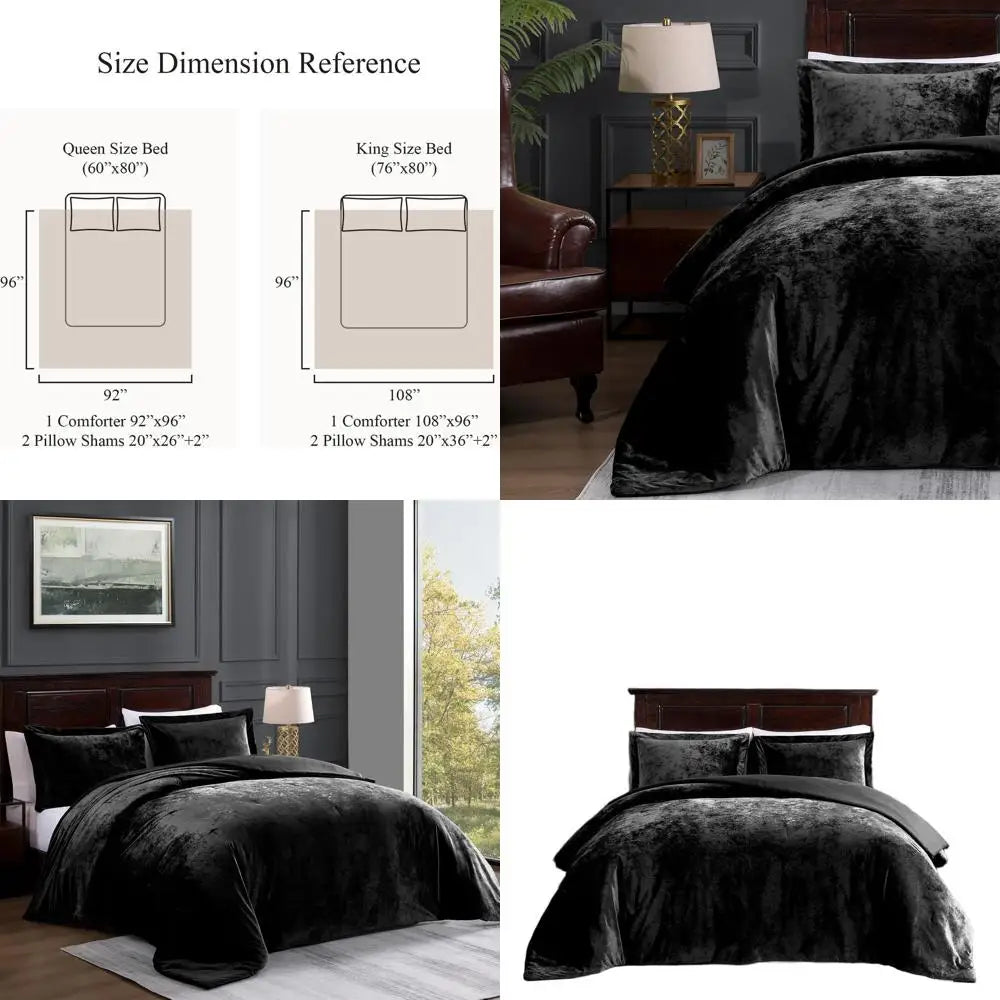 Elegant Black Velvet Queen Comforter Set - 3pc Luxury Bedding with 1 Comforter & 2 Shams