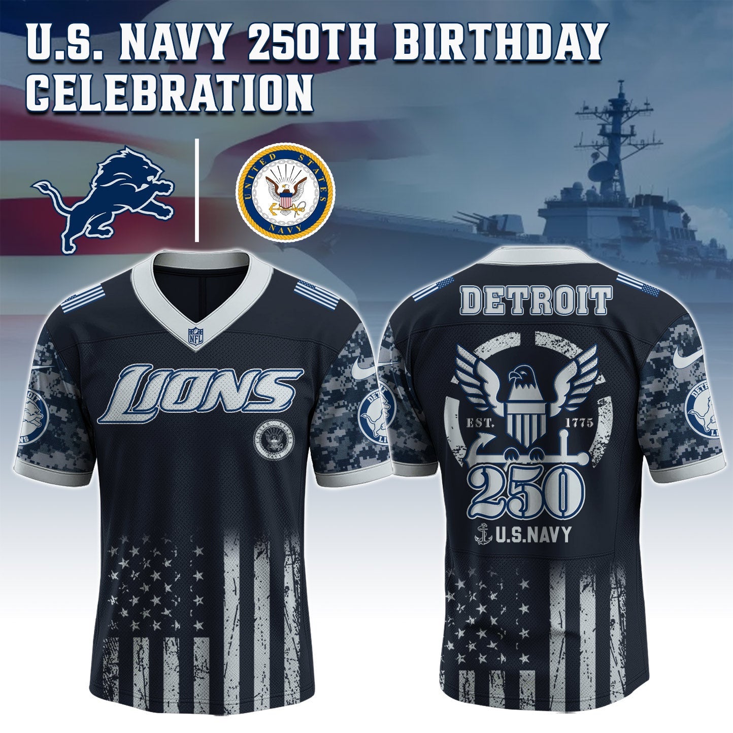Detroit Lions NFL x U.S. NAVY 250TH Birthday Special Edition Jersey