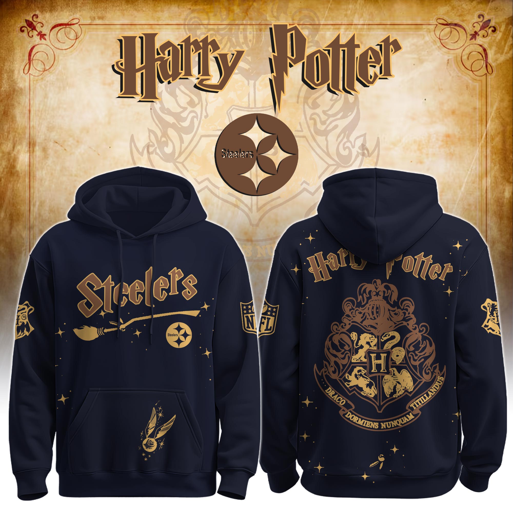 Unisex PIT Steelers x Hogwarts Enchanted Crossover Hoodie